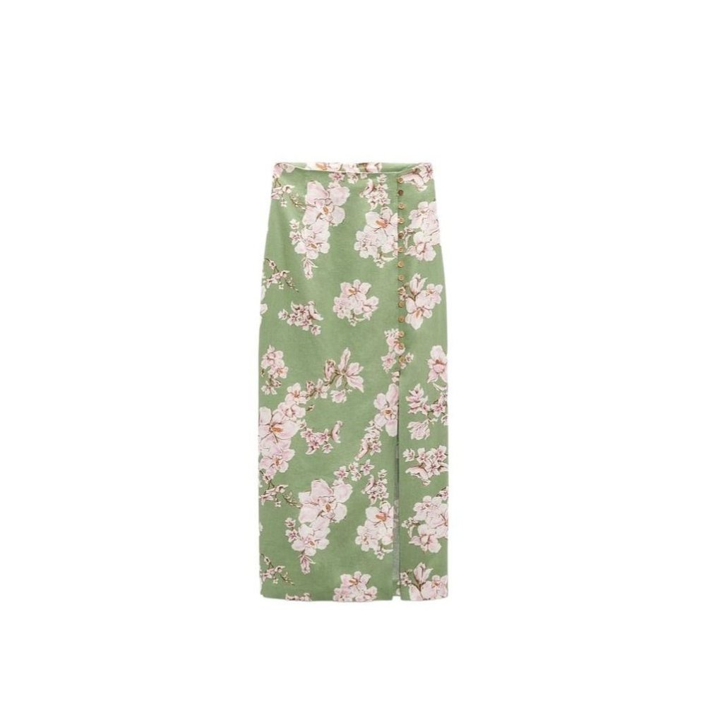 ZARA PRINTED LINEN-BLEND MIDI SKIRT MULTICOLOURED SIZE XS | 3271/781